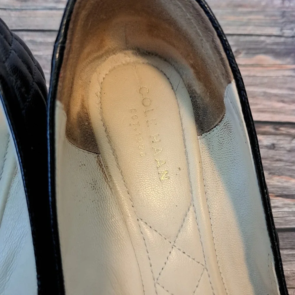 Cole Haan Black Quilted Leather Wedge Heels Braided Bow WOMens 8.5B